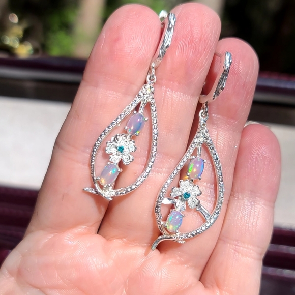 STUNNING Fire Opal & Sapphire Sterling floral earrings - Picture 8 of 9
